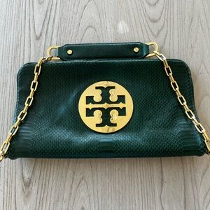 Tory Burch Reva Snake Embossed Clutch (Malachite Green) - RARE